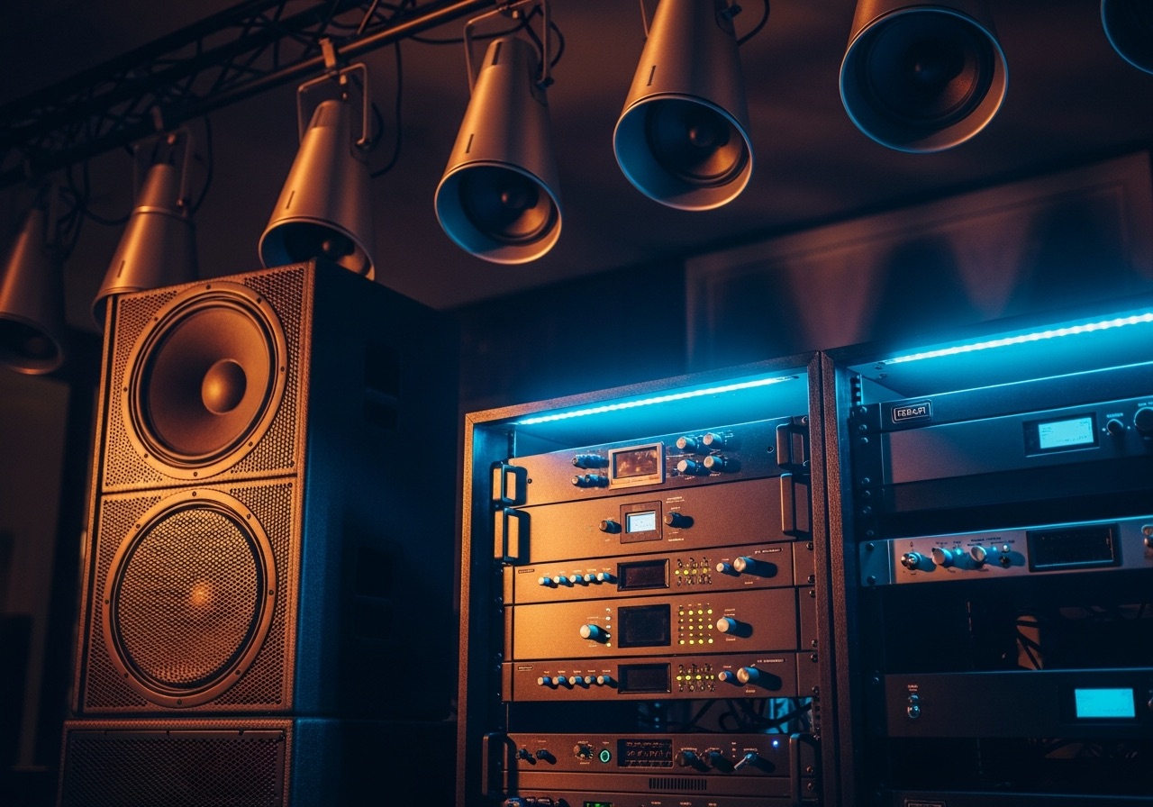 Commercial loudspeakers and amplifier rack