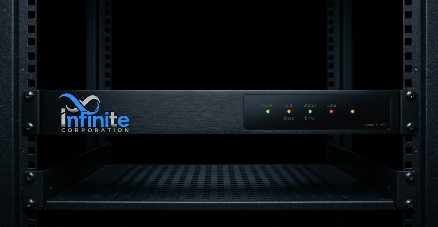 The Infinite Streamer player — Infinite Corp's rack-mounted appliance, Model IS-1600, installed in a server rack.